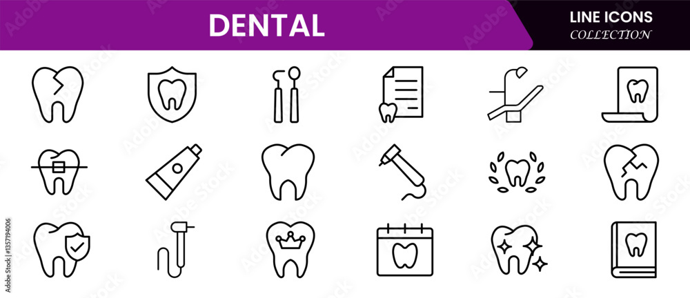 Naklejka premium Dental icon set. Containing tooth, dentist, toothpaste, toothbrush, teeth, implant and dentistry icons collection. Vector illustration.