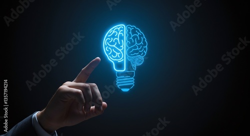 Wallpaper Mural Illuminating Ideas: A hand points towards a glowing lightbulb with a brain inside, symbolizing innovation, creativity, and intelligent solutions. perfect for concepts of business. Torontodigital.ca