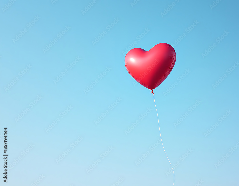Red Heart Balloon Floating Freely in a Bright Blue Sky Red Heart Balloon Floating Freely in a Bright Blue Sky