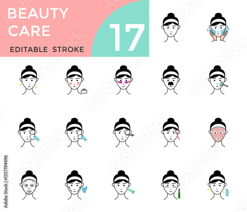 beauty care line icon set, icons, sign, symbol, element, avatar. cosmetic, beauty treatment, applying skincare. editable stroke 