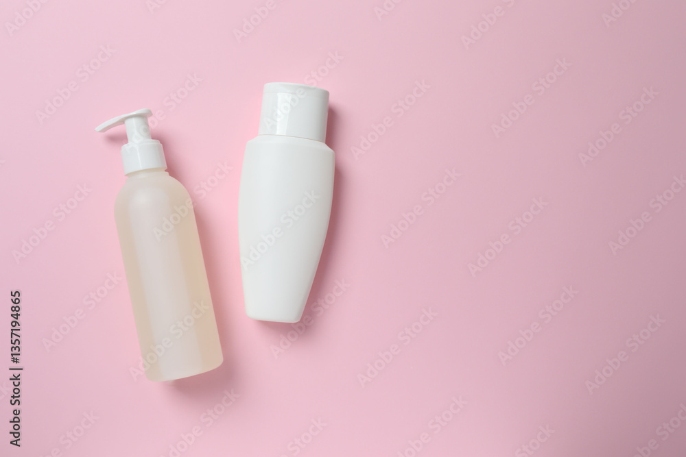 Natural cosmetic products a pink background, top view Natural cosmetic products a pink background, top view