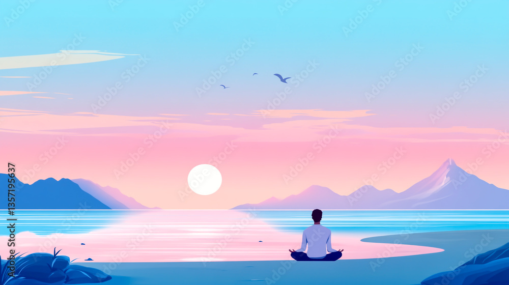 Obraz premium A man meditates on the beach, sunrise in vector style, flat design, simple shapes, blue sky and sea background