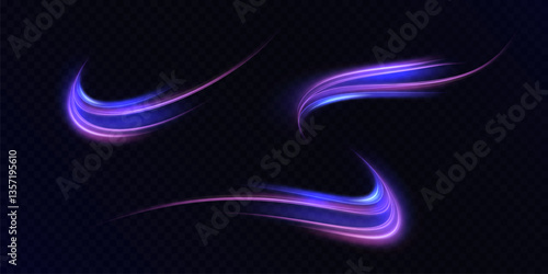 Curved glowing stripes of purple and blue light with neon glitter on black background. Vector for dynamic graphics, fantastic energy effects, user interface design.