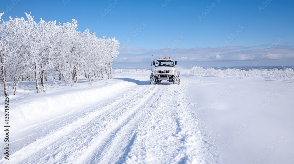 Snowy landscape with a vehicle on a winter road. Frosted trees line the path Snowy landscape with a vehicle on a winter road. Frosted trees line the path