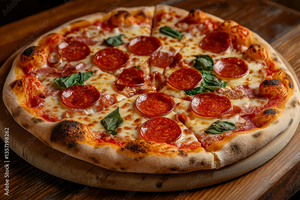 Hand crafted pizza topped with pepperoni and fresh basil, showcasing golden crust and melted cheese. Perfect for sharing and enjoying with friends Hand crafted pizza topped with pepperoni and fresh basil, showcasing golden crust and melted cheese. Perfect for sharing and enjoying with friends