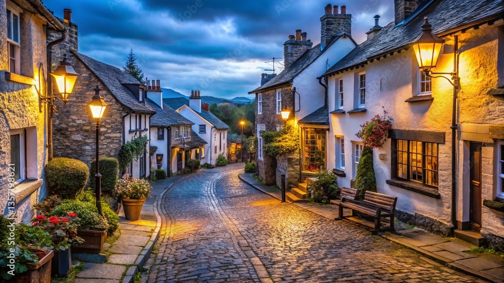 Fototapeta premium Hawkshead Town at Dusk: Low Light Charm of the Lake District
