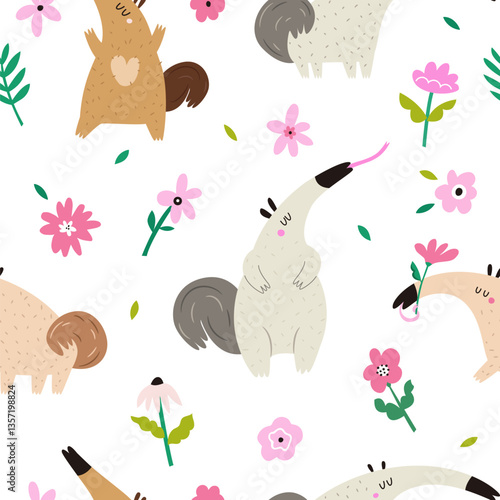 Vibrant seamless pattern with funny anteater characters and blooming flowers