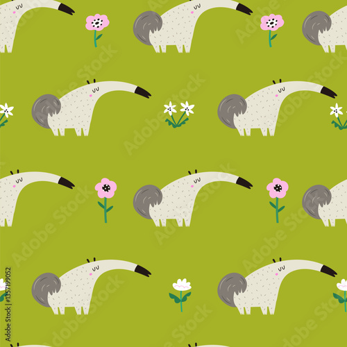 Vibrant seamless pattern with funny anteater characters and blooming flowers