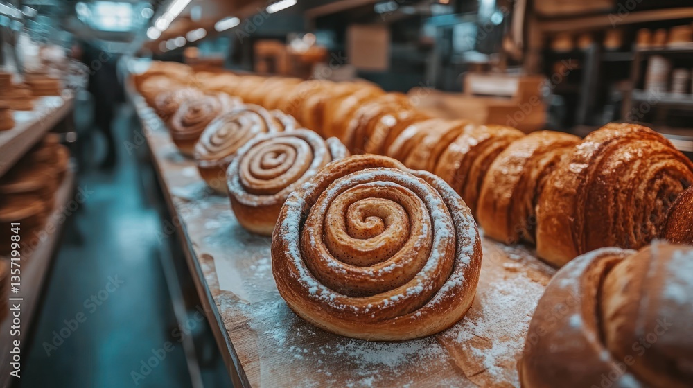 Rows of freshly baked cinnamon rolls displayed on a bakery counter Rows of freshly baked cinnamon rolls displayed on a bakery counter