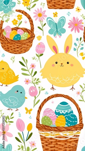 A pattern of a basket filled with colorful Easter eggs and birds.