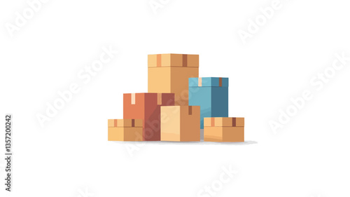 A digital illustration depicting a stack of various sized cardboard boxes in muted, pastel colors.  The boxes are rendered in a simplified, flat design style with minimal detail. The boxes are