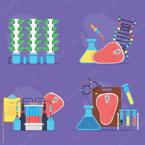 Collection of integration of hydroponics, biotechnology, and lab-grown meat