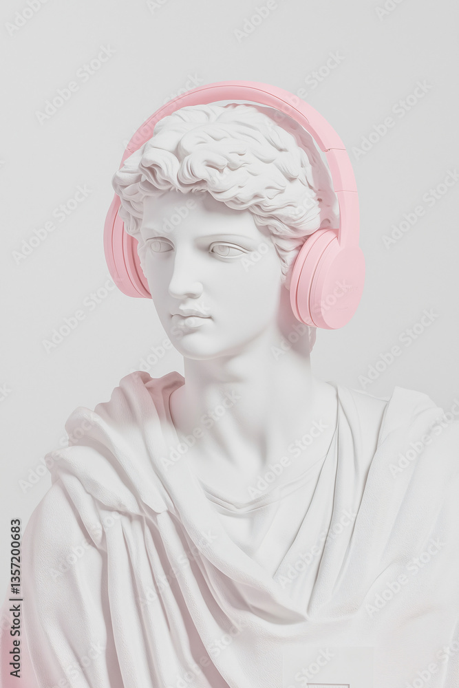 Ancient Art & Modern Sound: A classical statue, adorned with headphones, creates a unique juxtaposition of history and contemporary culture. Ancient Art & Modern Sound: A classical statue, adorned with headphones, creates a unique juxtaposition of history and contemporary culture.