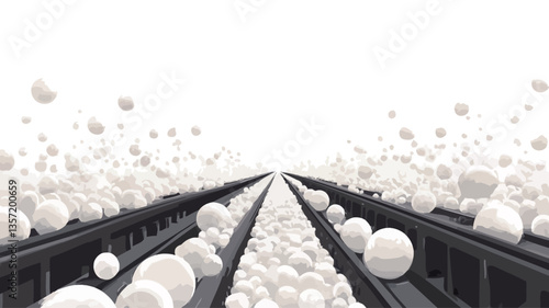 The image depicts a stylized, abstract representation of two parallel conveyor belts receding into the distance.  The belts are dark gray, and numerous off-white spheres are moving along them,