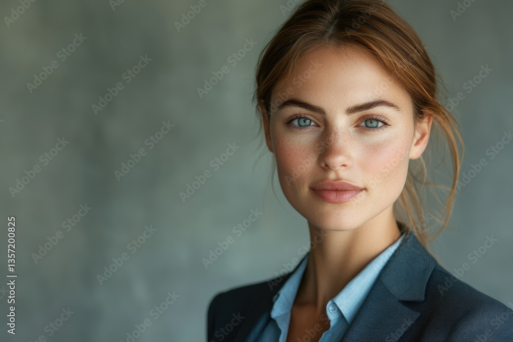 Portrait of a young woman with freckles and blue eyes, wearing a business suit. She looks confident and professional. Portrait of a young woman with freckles and blue eyes, wearing a business suit. She looks confident and professional.