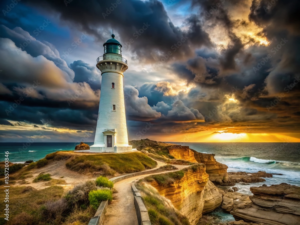 Naklejka premium Castle Point Lighthouse, New Zealand: Dramatic Coastal Landscape Photography