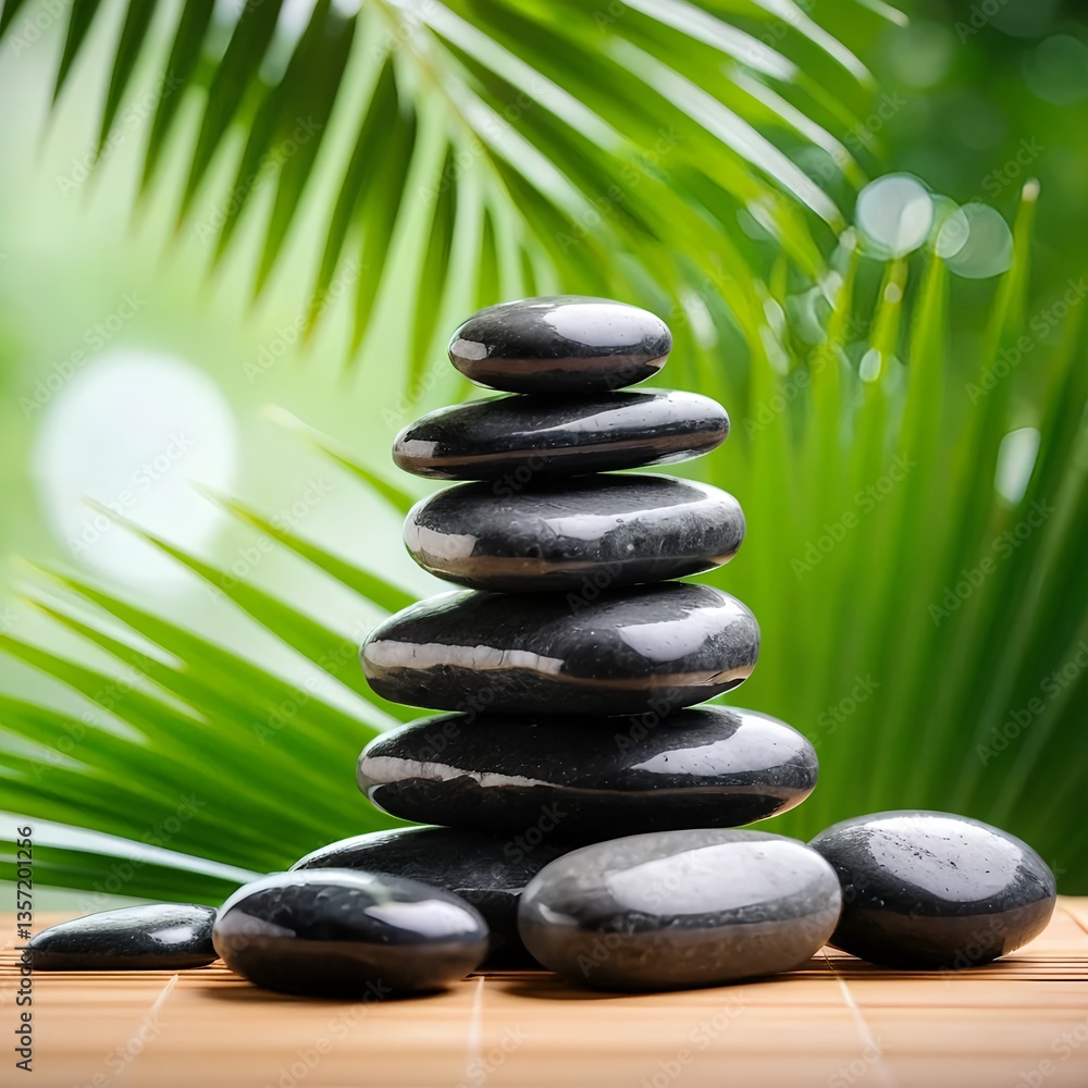 Stacked Black Spa Stones on Bamboo Mat with Tropical Leaves Stacked Black Spa Stones on Bamboo Mat with Tropical Leaves