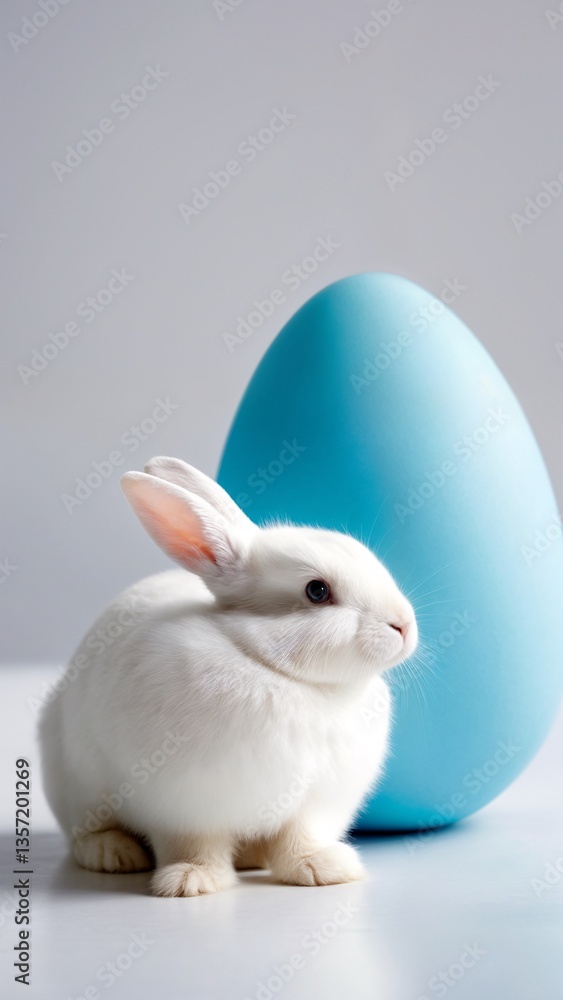 Fototapeta premium A white rabbit sitting next to a blue egg.