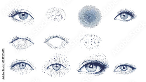 A digital illustration featuring a series of close-up images depicting various stages and techniques in eye makeup application. The images are presented in a grid format, showing different eye