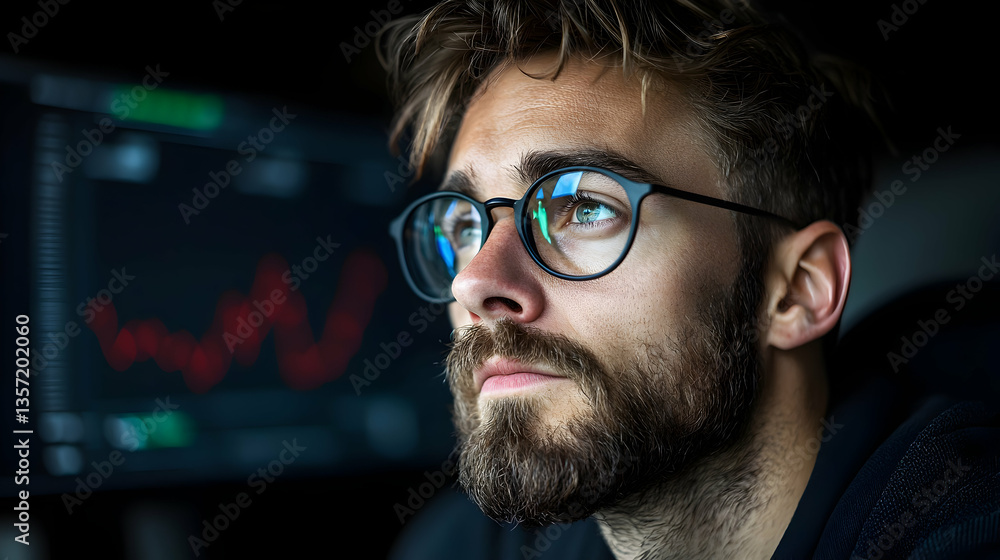 Focused Businessman Analyzing Data on Computer Screen Focused Businessman Analyzing Data on Computer Screen