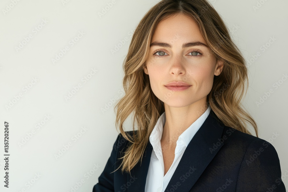 Confident businesswoman with long, wavy blonde hair, wearing a navy blazer and white shirt. Confident businesswoman with long, wavy blonde hair, wearing a navy blazer and white shirt.