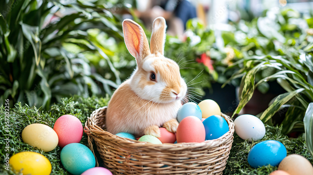 Easter Bunny and Basket: A charming Easter bunny, with its fluffy fur and twitching nose, sits among a collection of colorful eggs in a rustic basket, a festive and vibrant springtime scene. Easter Bunny and Basket: A charming Easter bunny, with its fluffy fur and twitching nose, sits among a collection of colorful eggs in a rustic basket, a festive and vibrant springtime scene.