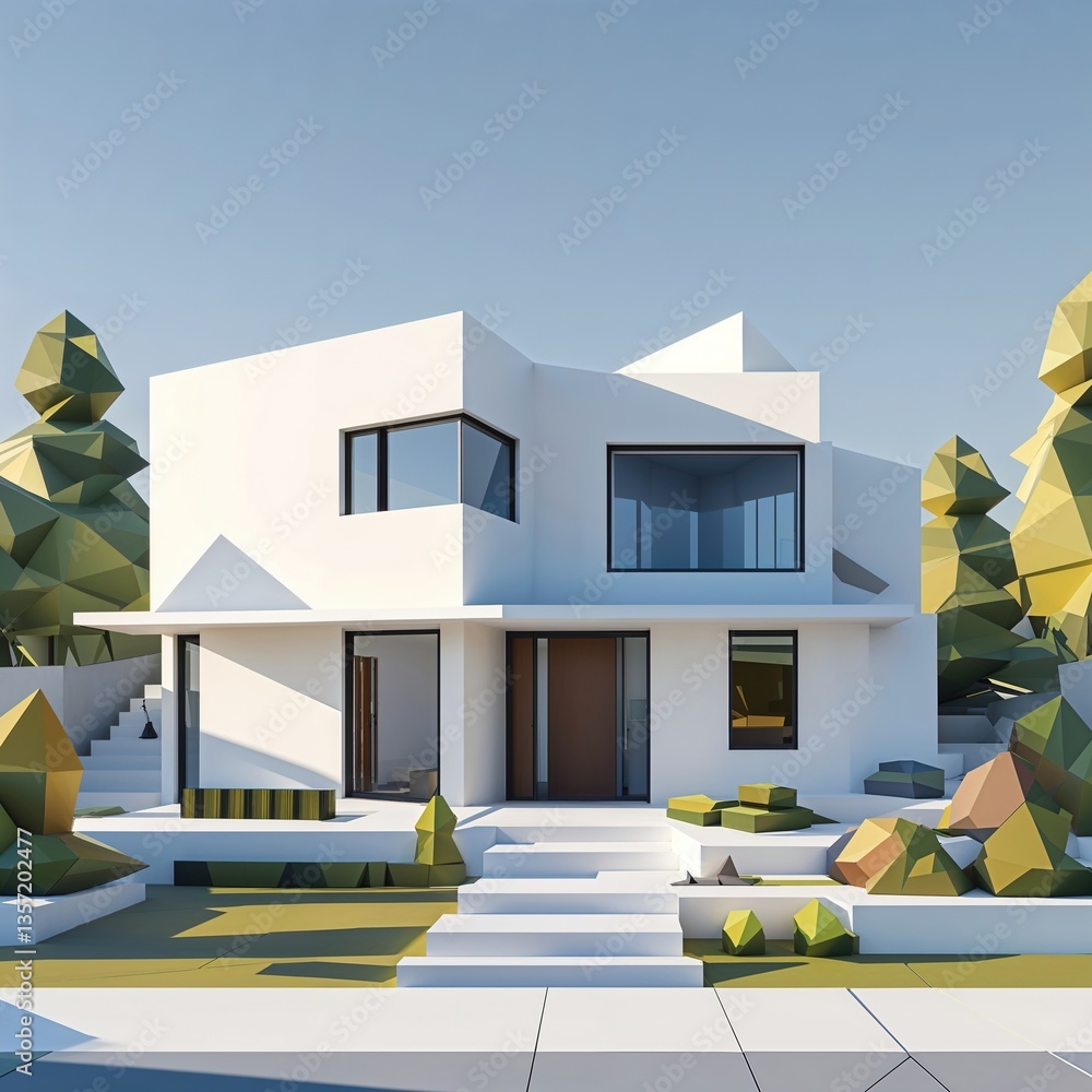 This striking low poly house showcases a blend of geometric shapes and vibrant landscaping. Its innovative design and open layout create a harmonious blend with nature under bright daylight This striking low poly house showcases a blend of geometric shapes and vibrant landscaping. Its innovative design and open layout create a harmonious blend with nature under bright daylight