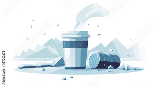 A digital illustration depicting a disposable coffee cup emitting steam, situated on a snowy ground with a stylized depiction of snowy mountains in the background.  The style is minimalist and
