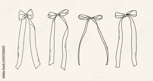 Set of hand drawn bows. Vintage line art ribbon gift. Cute coquette wedding trendy bow sketch. Vector outline illustration