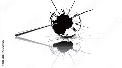 A close-up, high-contrast black and white image depicting a circular hole in a pane of glass.  The glass is shattered with radial cracks emanating from the central hole.  A reflective surface