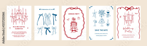 Set of line art wedding invitation card template. Coquette whimsical hand drawn frame, border, vintage decoration design. Minimal cupid, wavy border, banquet table card. Vector outline illustration
