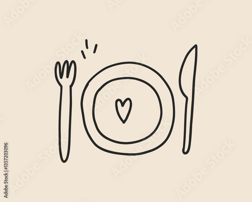 Line art doodle plate with knife and fork. Coquette whimsical kitchen utensils icon. Restaurant dinner dish service. Vector outline illustration