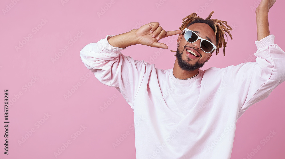 Joyful man posing with sunglasses and playful gesture against pink background Joyful man posing with sunglasses and playful gesture against pink background
