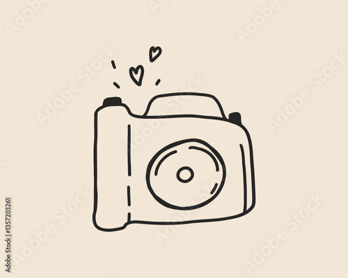 Line art doodle camera. Coquette whimsical photography logo icon. Photo camera vector outline illustration