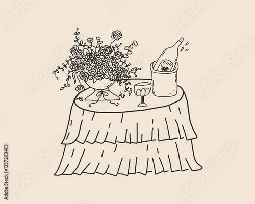 Line art wedding banquet table with floral vase and decor. Coquette whimsical hand drawn doodle sketch of dining restaurant table. Vector outline illustration