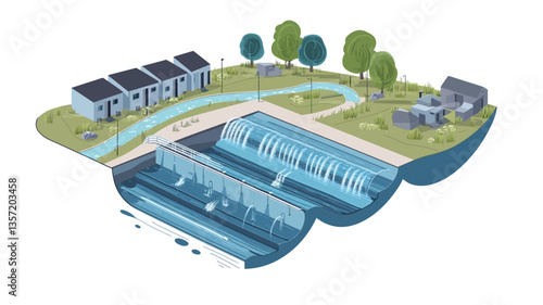 A digitally created isometric illustration depicts a cross-section of a sustainable water management system.  The illustration shows a series of interconnected canals and reservoirs, partially