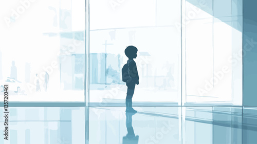 The image shows a silhouette of a young child standing in profile view near a large window in a modern building. The child is in the foreground, and the background is blurred, showing a bright