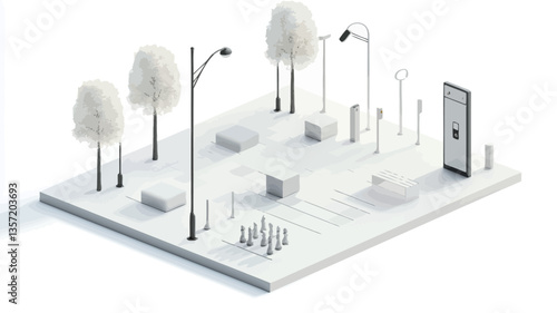 Isometric 3D rendering of a collection of streetlights, benches, and stylized trees arranged on a white surface. The style is minimalist and clean, with all elements rendered in varying shades of