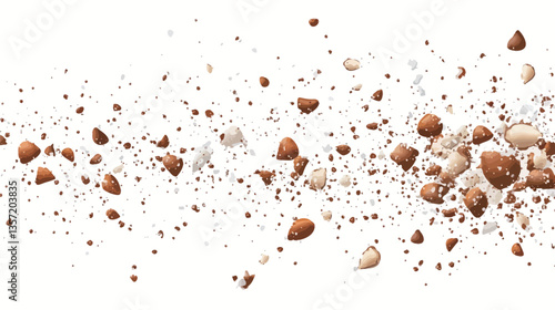 The image shows numerous almond halves and pieces in various shades of brown and beige against a pure white background. The almonds appear to be in motion, creating a sense of movement and
