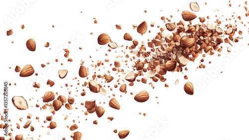 The image shows numerous hazelnut pieces and fragments against a pure white background. The hazelnuts are various sizes, from whole to small pieces, suggesting a burst or explosion. They are light