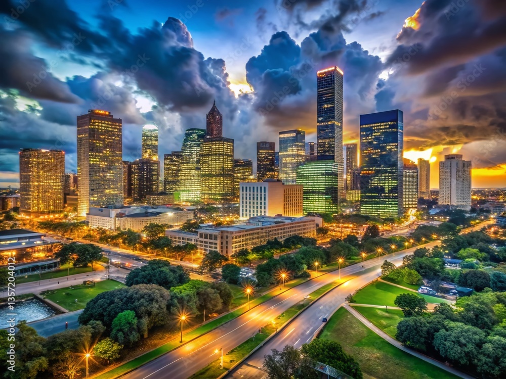 Fototapeta premium Houston Texas Skyline Night Photography - Dramatic Low Light Cityscape
