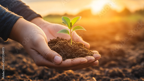 Hands Nurturing Growth: Tender hands cradle a young sprout nestled in rich soil, bathed in the warm glow of the setting sun, symbolizing care, growth, and the dawn of new beginnings.