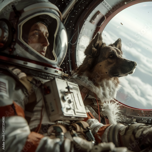 astronaut and loyal dog gaze out of spacecraft window, exploring vastness of space together, showcasing companionship and adventure