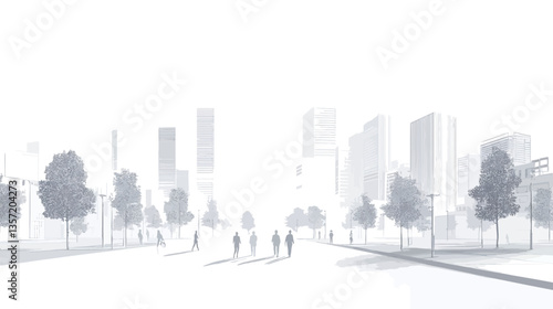 The image presents a minimalist grayscale depiction of a cityscape shrouded in fog or mist.  The color palette is predominantly white and light gray, creating a hazy atmosphere.  Silhouetted