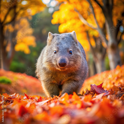 cute wombat waddling through vibrant autumn leaves, surrounded by colorful trees, evokes sense of warmth and joy in nature