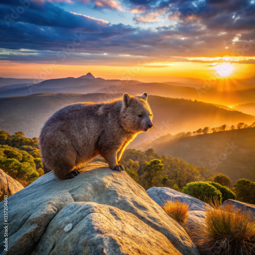 wombat standing rocky outcrop during stunning sunset, surrounded by lush hills and valleys, evokes sense of tranquility and connection to nature