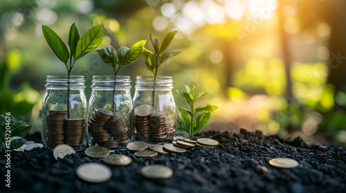 Wallpaper Mural Three glass jars filled with coins and small plants growing in a garden setting with sunlight bokeh Torontodigital.ca