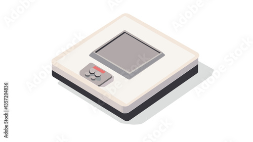 Isometric illustration of a digital scale. The scale is depicted in a white square base with a gray top surface that appears to be the weighing platform.  There is a small control panel with