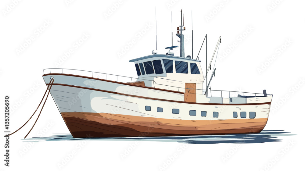 Illustration of a fishing boat, predominantly white with a brown lower hull. The vessel is depicted at rest, with ropes visible at the bow. The illustration style suggests a painting or digital Illustration of a fishing boat, predominantly white with a brown lower hull. The vessel is depicted at rest, with ropes visible at the bow. The illustration style suggests a painting or digital