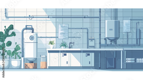 A stylized illustration depicting a modern utility room interior.  The image features a flat design aesthetic with muted blue and white color palette.  Visible elements include various plumbing